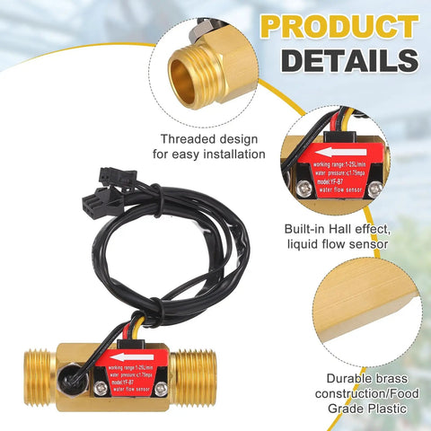 G One Half Inch Brass Hall Effect Water Flow Sensor With PTFE Tape, 1 to 25 LPM, showing thread design and liquid flow sensor details
