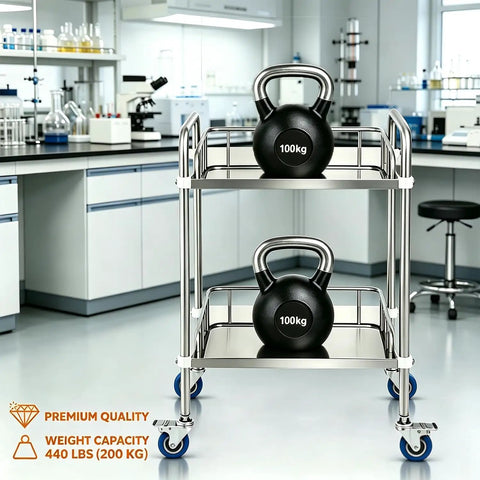 Stainless Steel Lab Rolling Cart Double Tier Mobile Utility Trolley With Smooth Swivel Wheels Crafted For Clinics Restaurants And Hospitals Hella Tough Real Deal