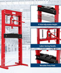 Red 20 Ton Hydraulic Shop Press With H-Frame, 7-Position Adjustable Height, Movable Plates, Dust Cover, Safe Relief Valve