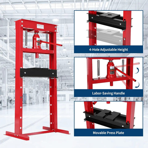 Red 20 Ton Hydraulic Shop Press With H-Frame, 7-Position Adjustable Height, Movable Plates, Dust Cover, Safe Relief Valve