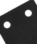 Close-up of black finish on stainless steel straight bracket with screw holes, part of the six pack for wood repair.
