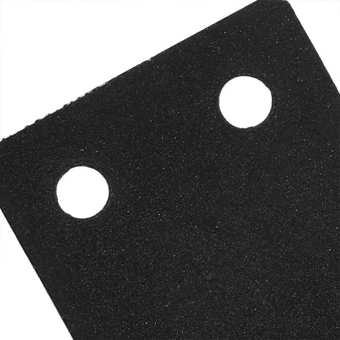 Close-up of black finish on stainless steel straight bracket with screw holes, part of the six pack for wood repair.