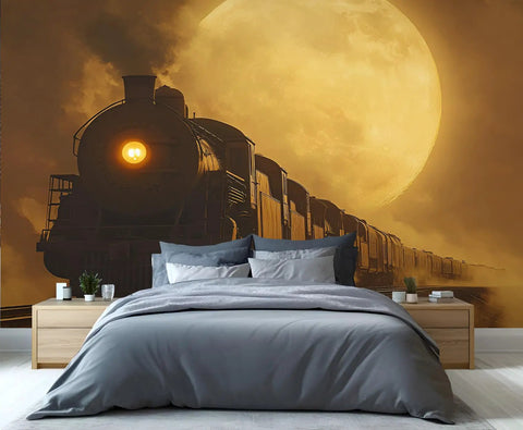 Massive Wall Mural 196 Inch By 118 Inch Silk Cloth Wallpaper Not Peel And Stick Vintage Locomotive HD Photo in bedroom decor