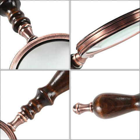 Old School 10X Magnifying Glass With Wooden Handle And Copper Frame, real glass lens details, showing antique design.