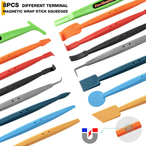Colorful micro squeegees and tucking sticks from Pro Grade Car Window Tint And Vinyl Wrap Tool Kit With 1800W Heat Gun 110V.