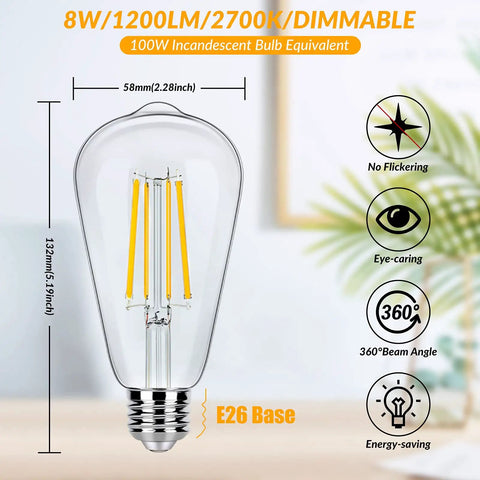 Dimmable Vintage LED Edison Bulbs 8W Filament, 100W Equivalent, showcasing bulb size, features, and technical details.