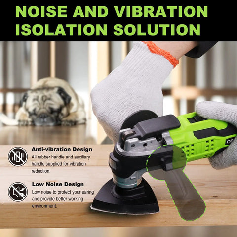 Cordless Oscillating Tool Kit With 20V Battery, Blazing 20,000 OPM, shown with anti-vibration and low noise features