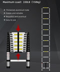 Heavy Duty Fourteen And A Half Feet Telescoping Ladder For Indoor And Outdoor Use Aluminum Collapsible Extension Ladder 330 Pound Load Capacity Anti Slip Rungs Rust And Water Resistant showing fully extended and collapsed states, max 330 lb load.