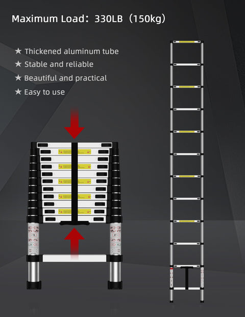Heavy Duty Fourteen And A Half Feet Telescoping Ladder For Indoor And Outdoor Use Aluminum Collapsible Extension Ladder 330 Pound Load Capacity Anti Slip Rungs Rust And Water Resistant showing fully extended and collapsed states, max 330 lb load.