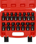 Three Eighths Inch Drive Shallow Universal Impact Socket Set, 15 Piece, 6 Point Metric 8mm To 22mm, CR-MO Steel red case