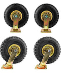Rolls Like Butter 10 Inch Pneumatic Caster Wheels With Soft Rubber Tires over steel cores, shown in a 4 pack for heavy duty use.