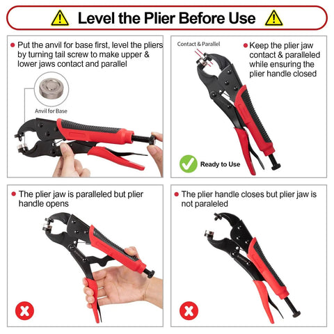 Heavy Duty Snap Fastener Tool With Adjustable Plier And 3 Dies 40 Sets 15mm Buttons for setting parallel jaws and alignment