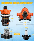 Heavy Kickin Up Flow 33 Series 110V AC Water Pressure Pump 4.0 GPM 50 PSI components with hose adapters and dimensions.