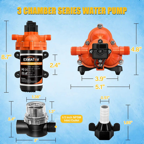 Heavy Kickin Up Flow 33 Series 110V AC Water Pressure Pump 4.0 GPM 50 PSI components with hose adapters and dimensions.