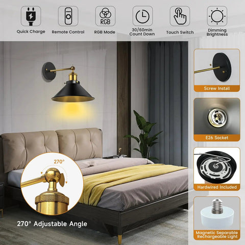 Black Battery Operated Wall Sconce Set Of 2 Industrial Wireless Rechargeable Wall Lights No Wiring With Auto Timer