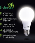 24 Pack A19 LED Light Bulbs 9W Non Dimmable, 60W Equivalent, 4000K Cool White, BioluzLED features and benefits list