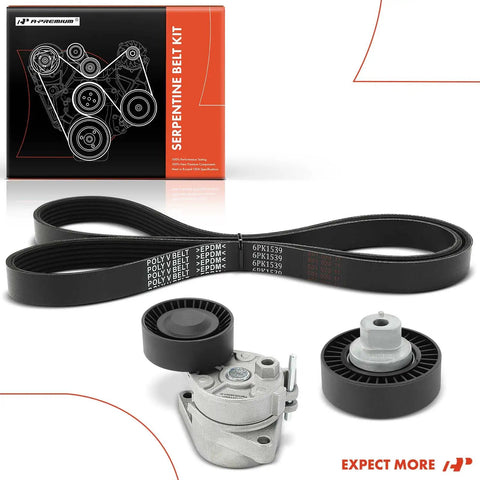 Engine Serpentine Belt Drive Kit For BMW Cars Bolt On Replacement Fits 320i 323Ci 323i 325Ci 325i 325xi 328Ci 328i 330Ci 330i 330xi 525i 530i X3 X5 2.2L 2.5L 2.8L 3.0L, with belt and pulleys