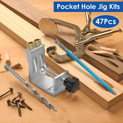 Pocket Hole Jig Kit For DIY Carpentry Pro Grade 15 Degree Angle Guide With High Precision Adjustable Woodworking Drill Locator, tools displayed on wood surface.