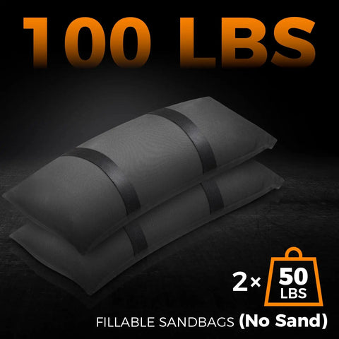 Fillable Sandbags 100 Lb Umbrella Base Weights 2 Pack, black heavy-duty sandbags showing 100 lbs total capacity, no sand included.