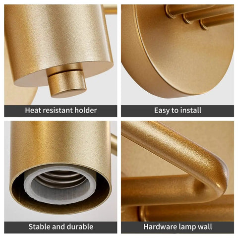 Close-up of Five Light Vanity Fixture in Dope Gold Finish over mirror showing heat resistant holder and mounting details.