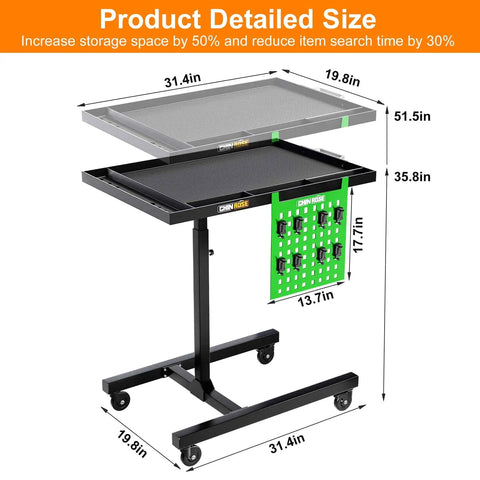 Mobile Adjustable Height Work Table On Wheels With Rolling Tray For Mechanics, Garages, Workshops, Repair Shops, Warehouses And DIY Projects, Height Adjustable From 36 To 50 Inches, Portable Sturdy Workstation showing dimensions.