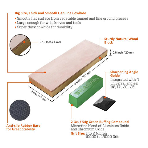 Pro Grade Leather Strop Kit 8x3 Inch Cowhide Strop Block with 2 oz green polishing compound and angle guide, detailed view.