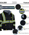 Hi Vis Fleece Lined Safety Hoodie For Men With Reflective Stripes, Winter Bomber Jacket Style in Black, 2XL with feature highlights