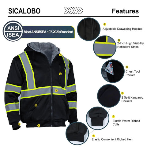 Hi Vis Fleece Lined Safety Hoodie For Men With Reflective Stripes, Winter Bomber Jacket Style in Black, 2XL with feature highlights