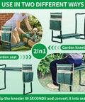Versatile Garden Kneeler And Seat With Soft Kneeling Pad And Tool Pouches For Easy And Comfortable Kneeling Or Sitting While Gardening Grab And Go Portable Bench With Handles For Men Women And Seniors, shown as both kneeler and seat in garden.