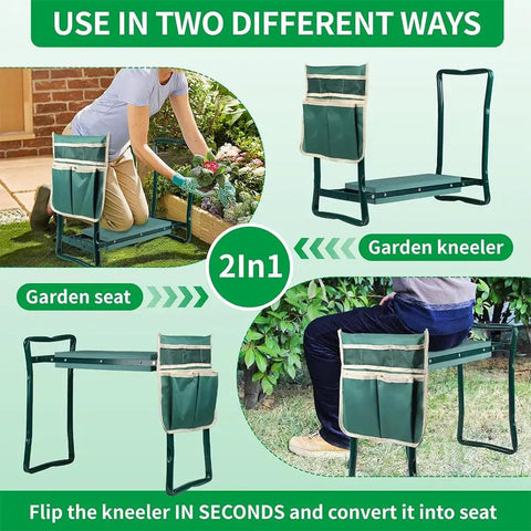 Versatile Garden Kneeler And Seat With Soft Kneeling Pad And Tool Pouches For Easy And Comfortable Kneeling Or Sitting While Gardening Grab And Go Portable Bench With Handles For Men Women And Seniors, shown as both kneeler and seat in garden.