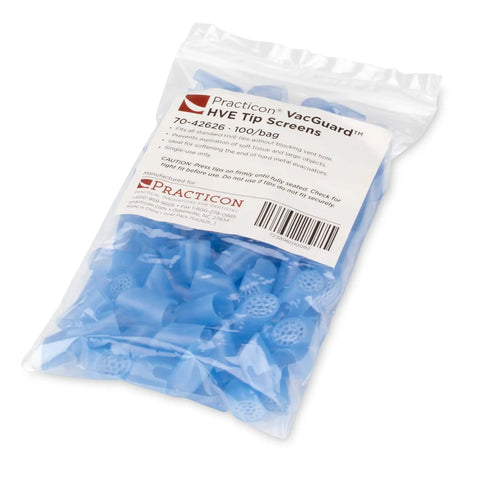Pack of 100 blue disposable vac tip screens for standard size HVE tips, prevents tissue plugs and object aspiration.
