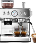 Kickin Home Espresso Maker With Built In Conical Burr Grinder And Fast Steam Wand Milk Frother brewing two coffee shots.