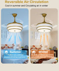 Velsgate 48 Inch Retractable Ceiling Fans with Lights and Remote showing summer and winter air circulation options.