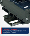 Close-up of IMACP02 Duplex Three Prong Modular Outlet DIN Rail Mount AC Receptacle Black for 120V 15A NEMA 5-15P