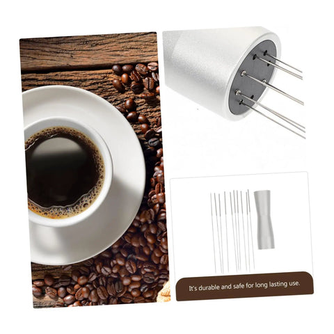 Stainless Steel Coffee Stirrer Tool Replacement Needle For Espresso Maker next to a cup of coffee with beans