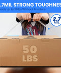 Rock Solid Heavy Duty Crystal Clear Packing Tape With Badass Industrial Adhesion For Moving Boxes Shipping Supplies And Cartons That Absolutely Will Never Tear Or Peel holding a 50 lbs box with tape.