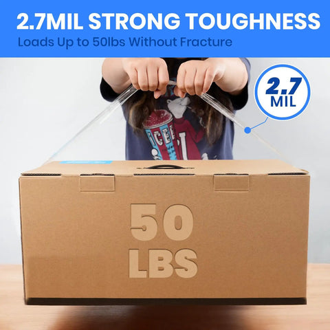 Rock Solid Heavy Duty Crystal Clear Packing Tape With Badass Industrial Adhesion For Moving Boxes Shipping Supplies And Cartons That Absolutely Will Never Tear Or Peel holding a 50 lbs box with tape.