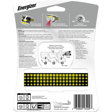 Back packaging of Vision Ultra HD LED Headlamp For Camping And Night Runs including features and battery insertion guide.