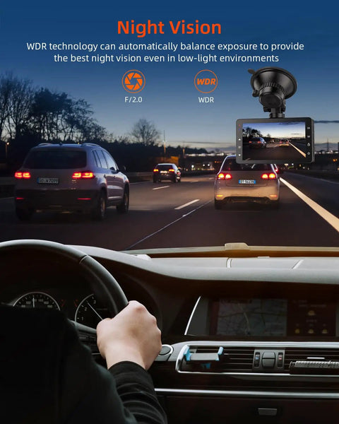 Image showcasing 1080P FHD Car Dash Cam With 176 Degree Wide Angle Night Vision Parking Monitor Loop Recording on a night drive.