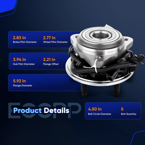 Beefed-Up Front Wheel Hub Bearing Assembly 515003 Fits Ford Explorer Ranger Sport Trac Mercury Mountaineer Mazda B3000 B4000 4WD With ABS 5 Lug 3 Flange Bolts 2-Piece Set shown with dimensions.