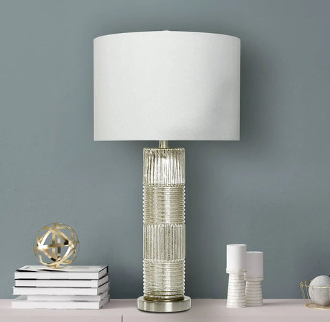 Reeded Glass Table Lamp With Metal Base In Antiqued French Silver Mercury Glass Finish, White Linen Drum Shade, 30 Inches Tall