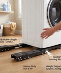 Heavy Duty Appliance Roller Dolly For Washer Dryer And Fridge With Adjustable 22 To 27 Inch Width Base And Extra Big Wheels For Easy Moving At Home with visible adjustable wheels.