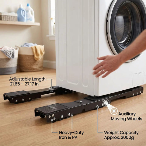 Heavy Duty Appliance Roller Dolly For Washer Dryer And Fridge With Adjustable 22 To 27 Inch Width Base And Extra Big Wheels For Easy Moving At Home with visible adjustable wheels.