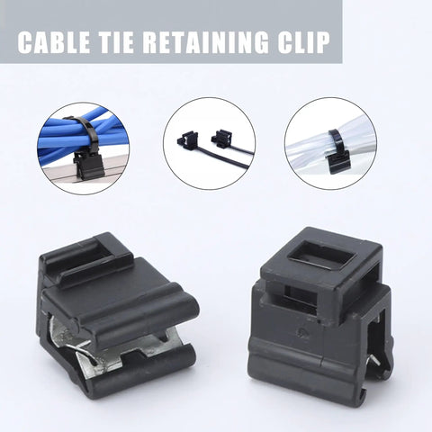 Four Way Zip Tie Mounts With Snap-In Steel Grip Clips shown in use and close-up view