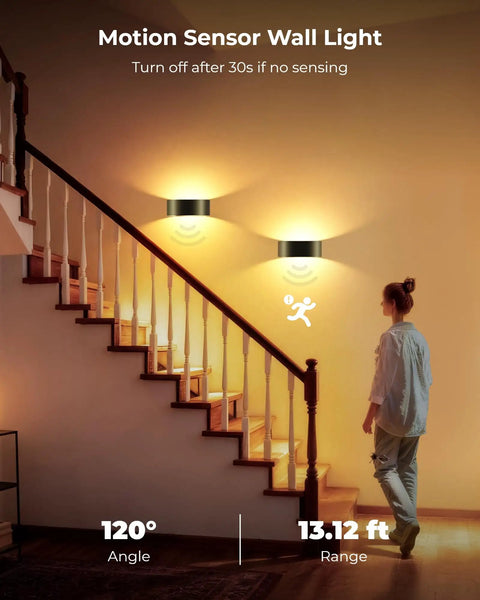 Motion Sensor Wall Light With 5000Mah Battery And Remote Featuring 15 Rgb And Three Warm Modes Dimmable Wireless Sconces in stairway