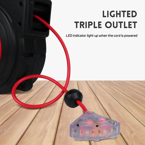 Close-up of lighted triple tap on Beefy 45 Ft Retractable Extension Cord Reel With 12 AWG 3 Conductor SJTOW Heavy Duty Power Cable.