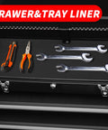 Heavy Duty Badass Four Drawer Steel Tool Chest With Smooth Ball Bearing Slides Lockable Latches And Scratch Resistant Liners with tools arranged inside.