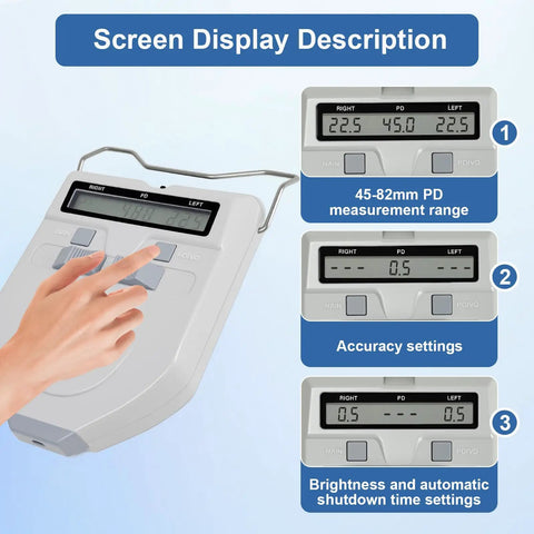 Pro Grade Digital Pupilometer With LED PD Meter, Memory Function, Diopter Compensation, And Interpupillary Distance Tool For Precise Eyewear Fitting Anywhere. Screen display of PD settings and accuracy