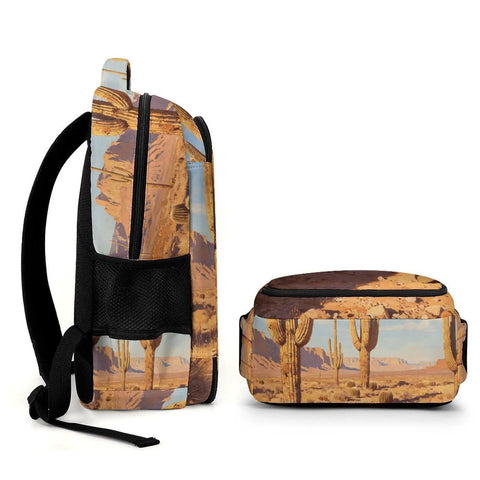 Western Cactus Print Unisex Backpack With Large Capacity Durable Polyester for Daily Use, side and top view