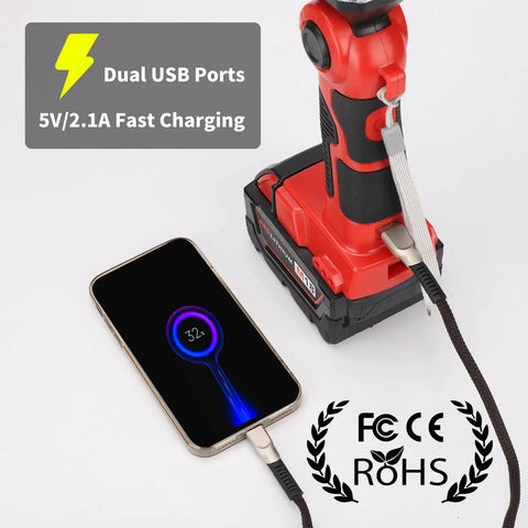 2000LM LED Work Light For Milwaukee M18 18V Batteries with phone charging via dual USB ports